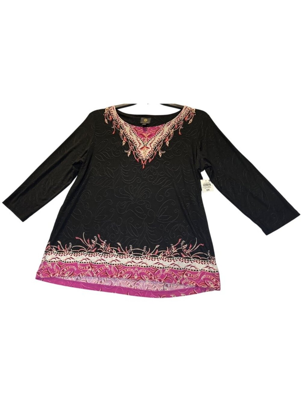 JM Collection Womens Size 0X Jacquard Black & Pink Embellished 3/4 Sleeve Top